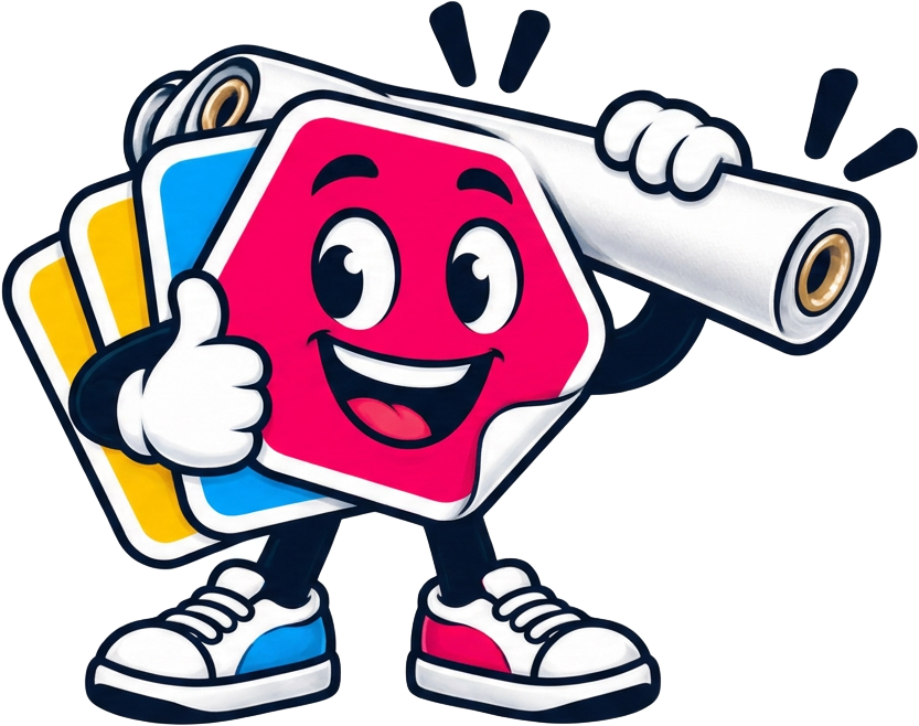 Mascotte van RegelJeSpandoek.nl met een opgerold spandoek